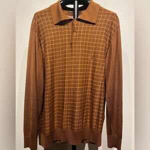 Baleno Brown Long-sleeve Silk-blend Knit Polo Shirt with a Grid Pattern